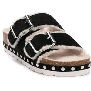 Steven New York Stessi Black Sherpa Lined Slide Sandal